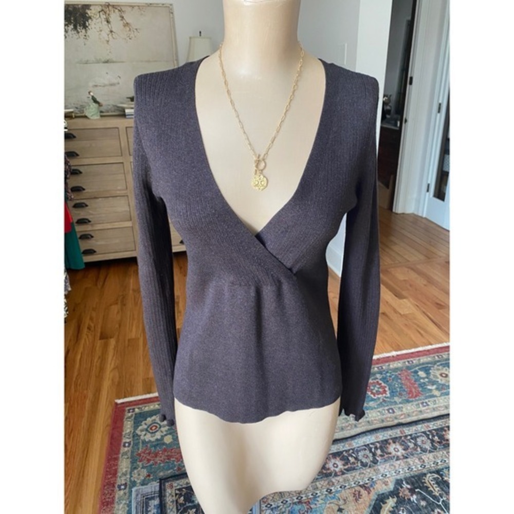 Tape Measure Womens Ribbed Surplice V-Neck Top Charcoal Brown Ruffle Cuff Medium